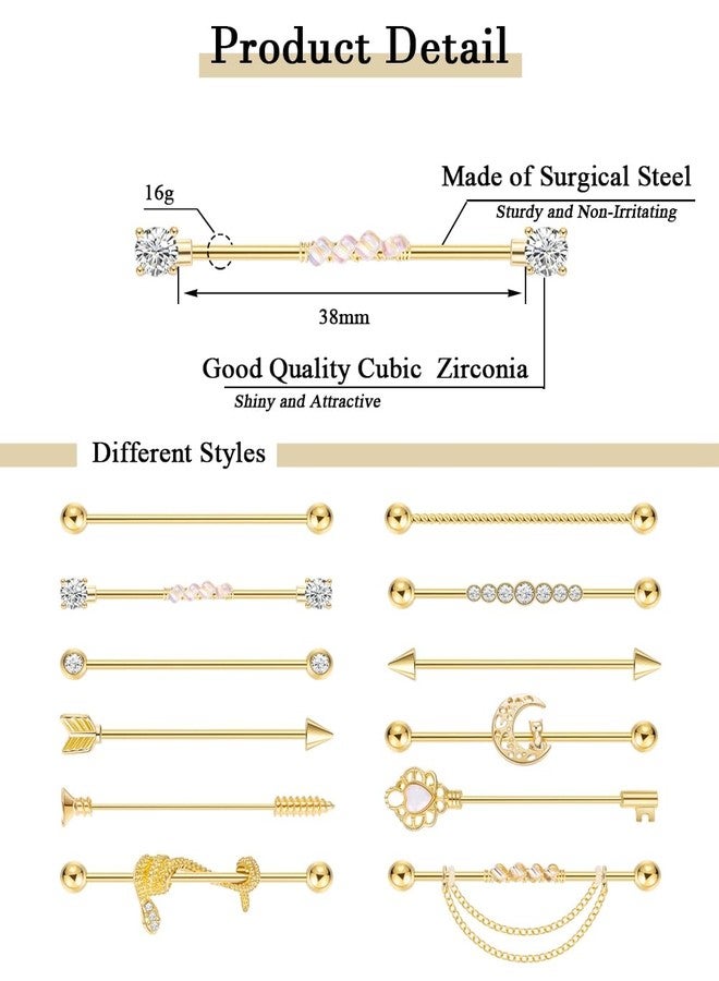 LOREMOW 12Pcs 14G Stainless Steel Industrial Barbell Earrings for Women Men Cartilage Helix Piercing Jewelry Industrial Piercing Bar 38MM Gold - Image 3